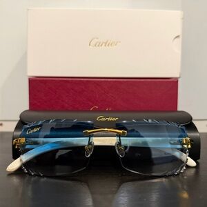 Cartier Blue Tint Buffalo Horn Diamond Cut Sunglasses With White Frame